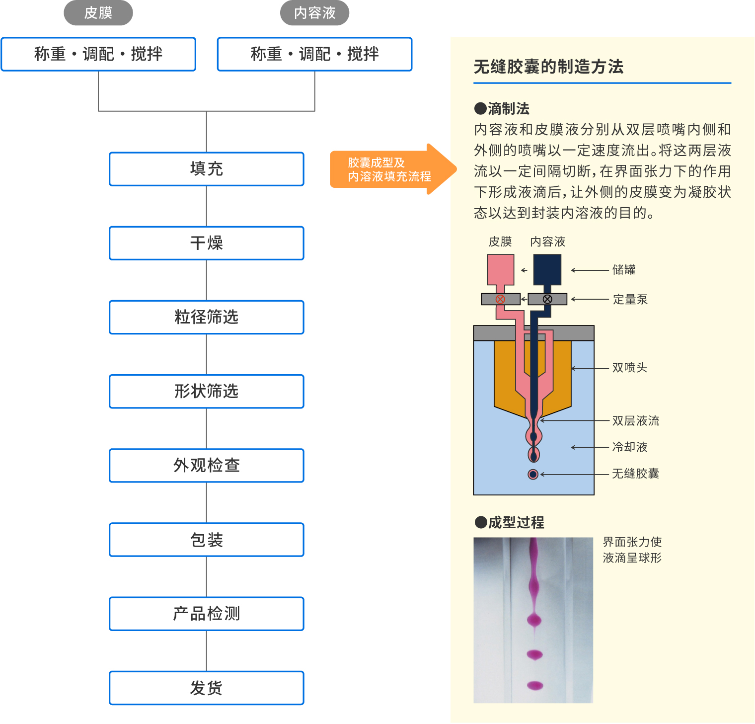 无缝胶囊的制造方法　●滴制法 内容液和皮膜液分别从双层喷嘴内侧和外侧的喷嘴以一定速度流出。将这两层液流以一定间隔切断，在界面张力下的作用下形成液滴后，让外侧的皮膜变为凝胶状态以达到封装内溶液的目的。　●成型过程