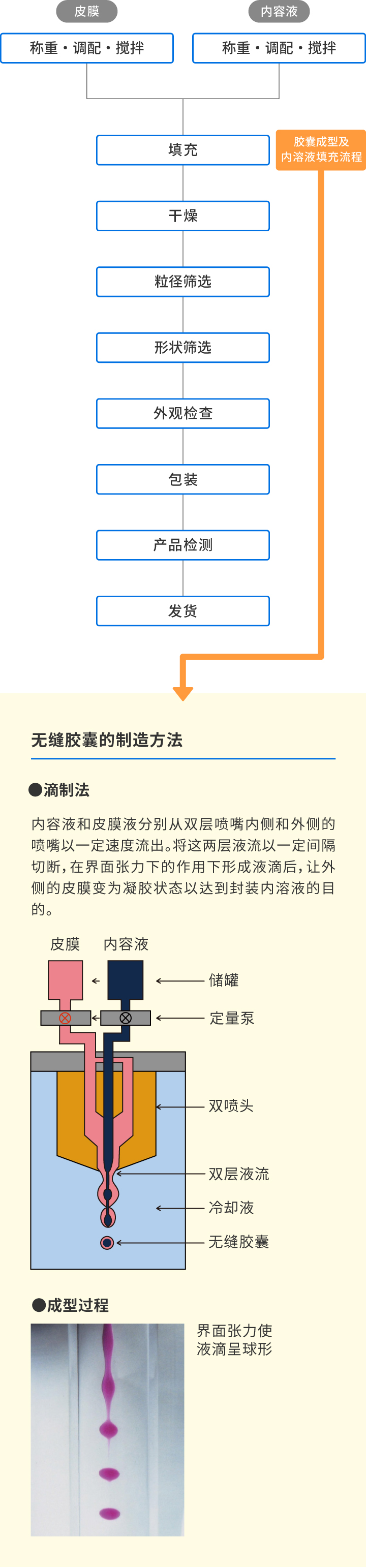 无缝胶囊的制造方法　●滴制法 内容液和皮膜液分别从双层喷嘴内侧和外侧的喷嘴以一定速度流出。将这两层液流以一定间隔切断，在界面张力下的作用下形成液滴后，让外侧的皮膜变为凝胶状态以达到封装内溶液的目的。　●成型过程