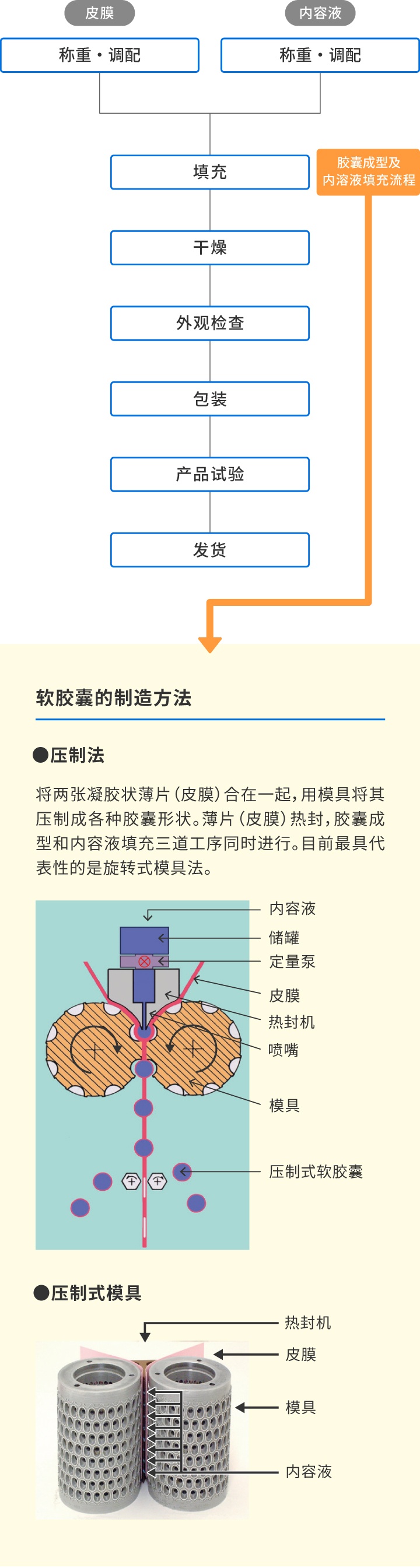 软胶囊的制造方法 ●压制法　将两张凝胶状薄片（皮膜）合在一起，用模具将其压制成各种胶囊形状。薄片（皮膜）热封，胶囊成型和内容液填充三道工序同时进行。目前最具代表性的是旋转式模具法。　●压制式模具