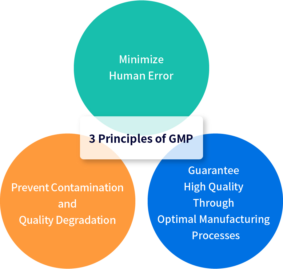 ＜3 Principles of GMP＞Minimize Human Error / Prevent Contamination and Quality Degradation / Guarantee High Quality through Optimal Manufacturing Processes